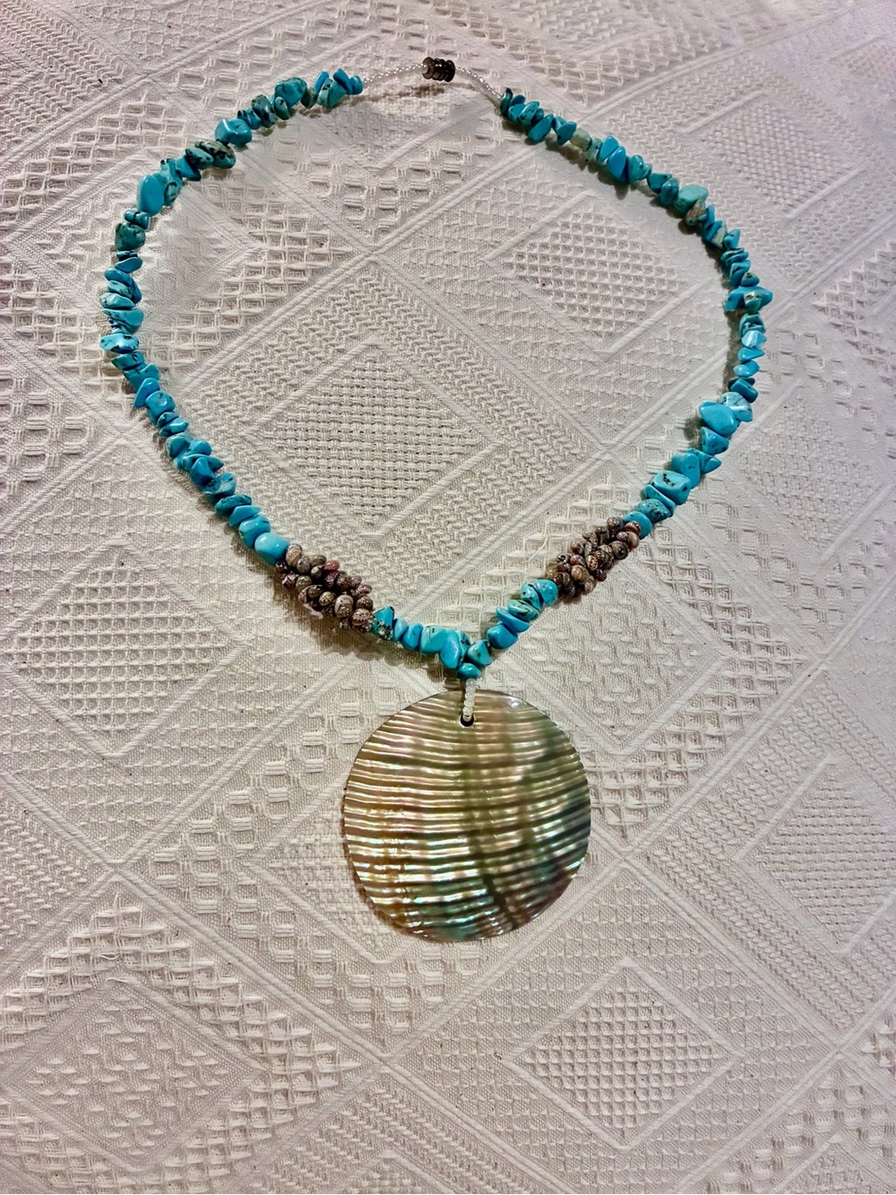 Vintage natural blue turquoise black hematite tiny snail shell necklace